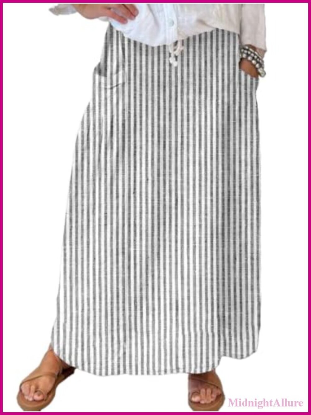 Women's Cotton Vertical Striped Maxi Skirt High Waist A-Line Long Skirt with